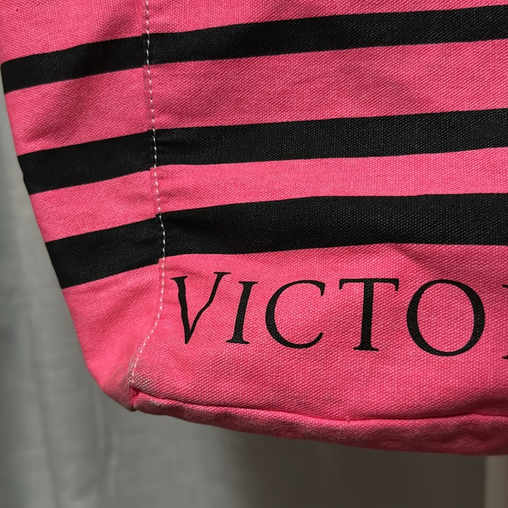 Victoria’s Secret Tote-Striped Pink White Black Peach-Open Top-“Rope” Handles - Picture 5 of 16
